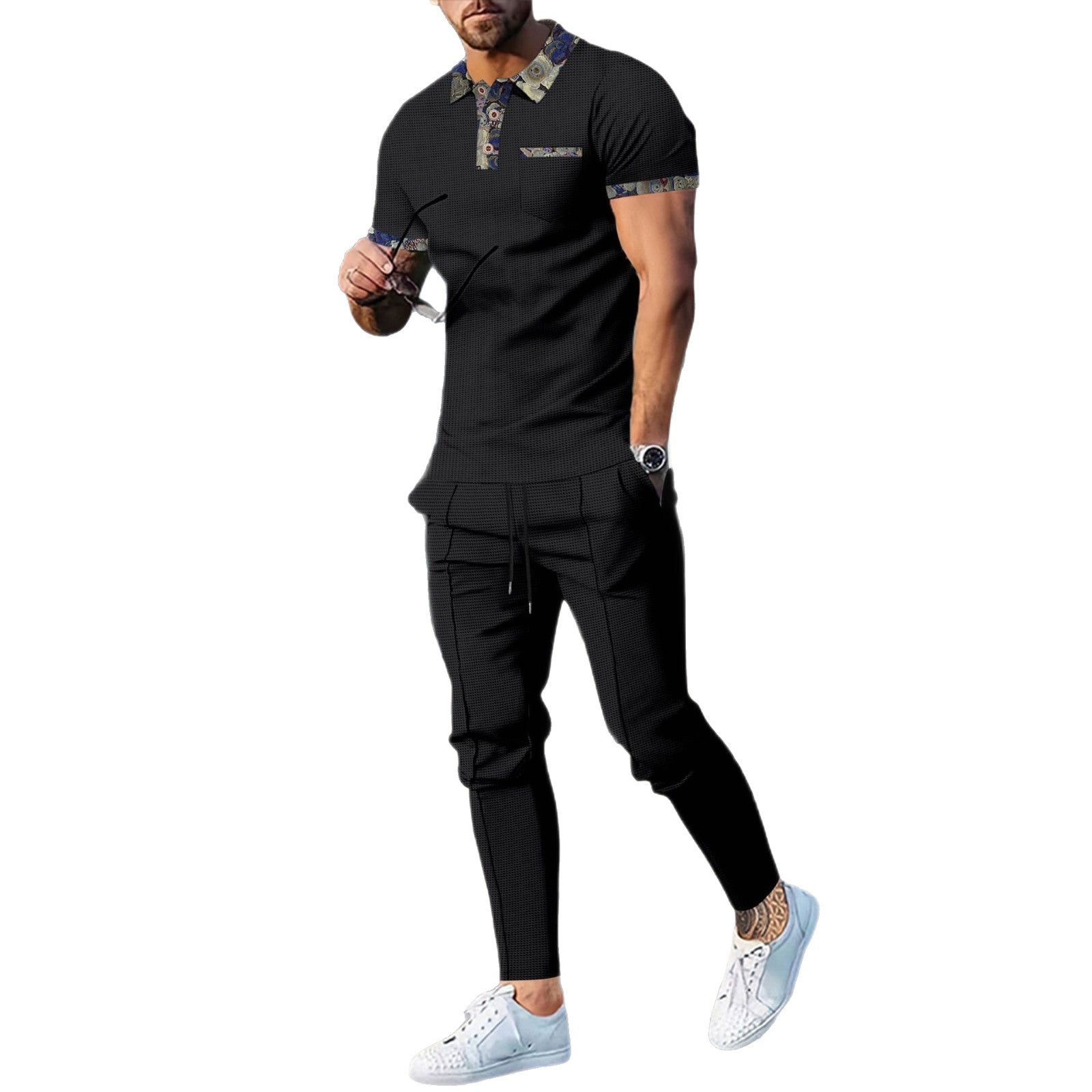 Men's Waffle Lapel Color Matching Pocket Short Sleeve Trousers Suit
