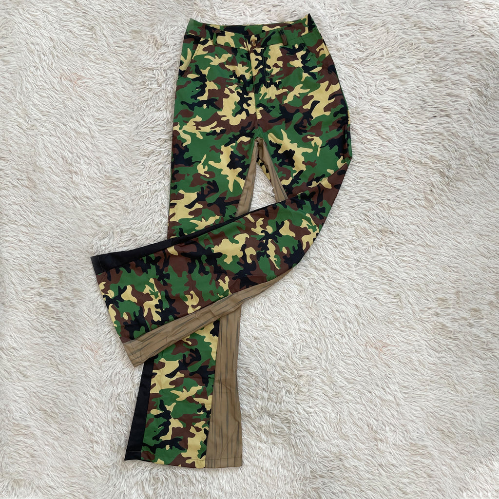 European And American Camo Stitching Flared Pants