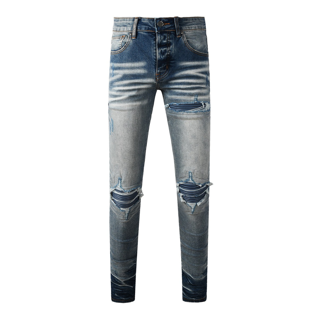 Mens Slim-Fit Denim Jeans With Ripped Patches