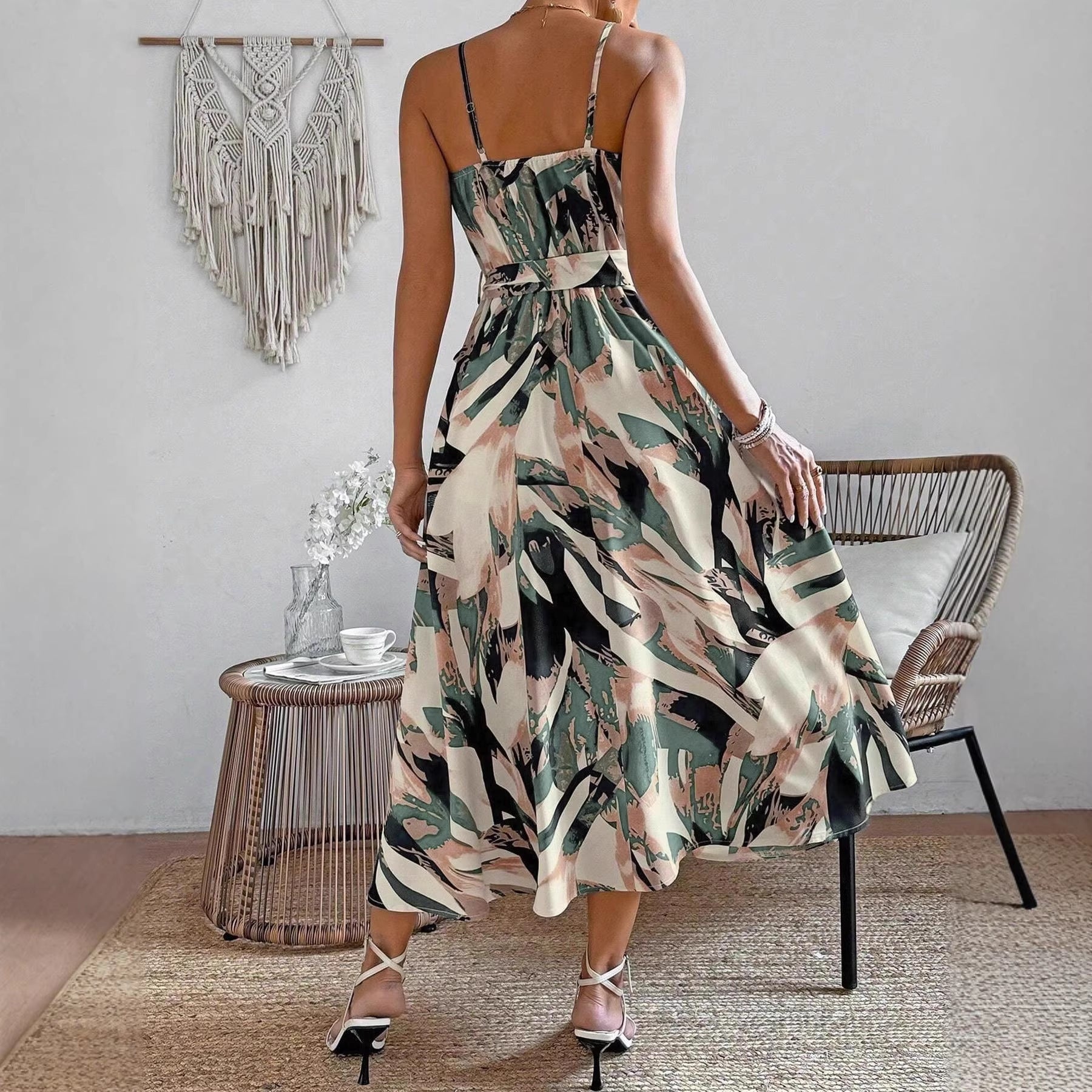 Women's Printed Lace-up Halterneck Sleeveless Dress