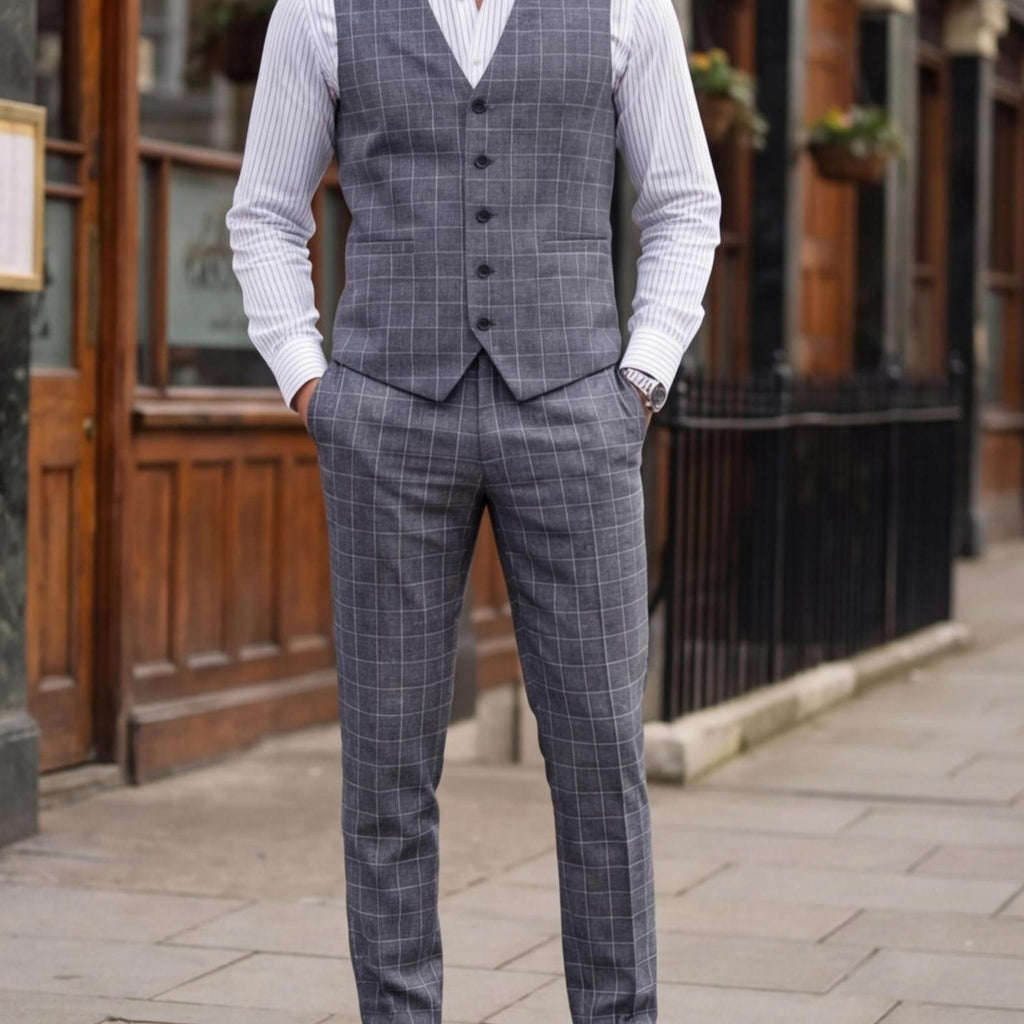 Mens Light Business Plaid Waistcoat And Dress Pants Two-Piece Suit