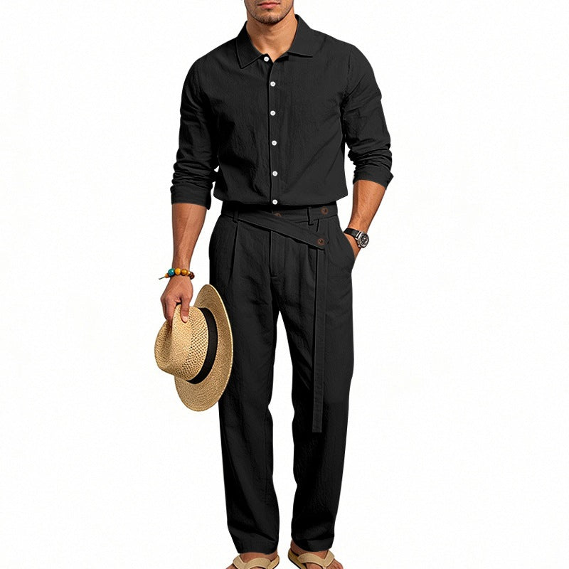 Turn-down Collar Shirt And Long-sleeve Pants Set