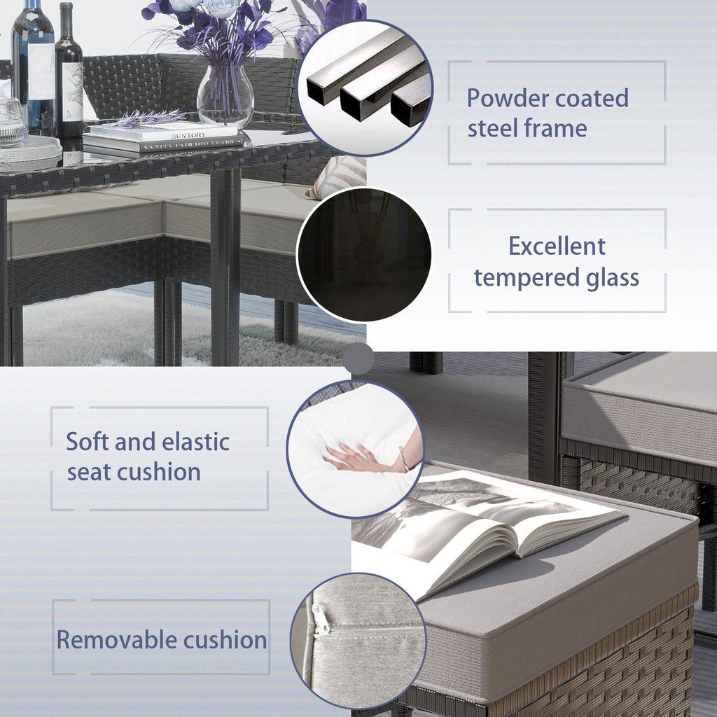 Small Space Patio Furniture 7-piece Outdoor Furniture Set, Backyard Furniture Set, Waterproof Seat Cushion, Glass Table, Space Saving, Suitable For Backyard, Terrace Or Garden,blue,grey