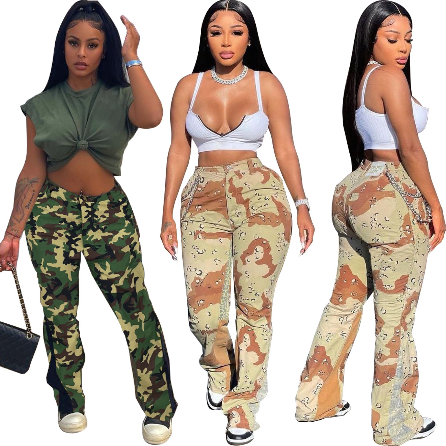 European And American Camo Stitching Flared Pants