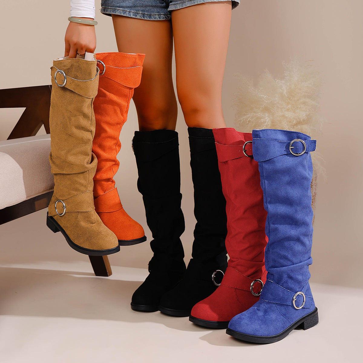Pleated Flat-bottom Western Cowboy Boots For Women With Belt Buckle