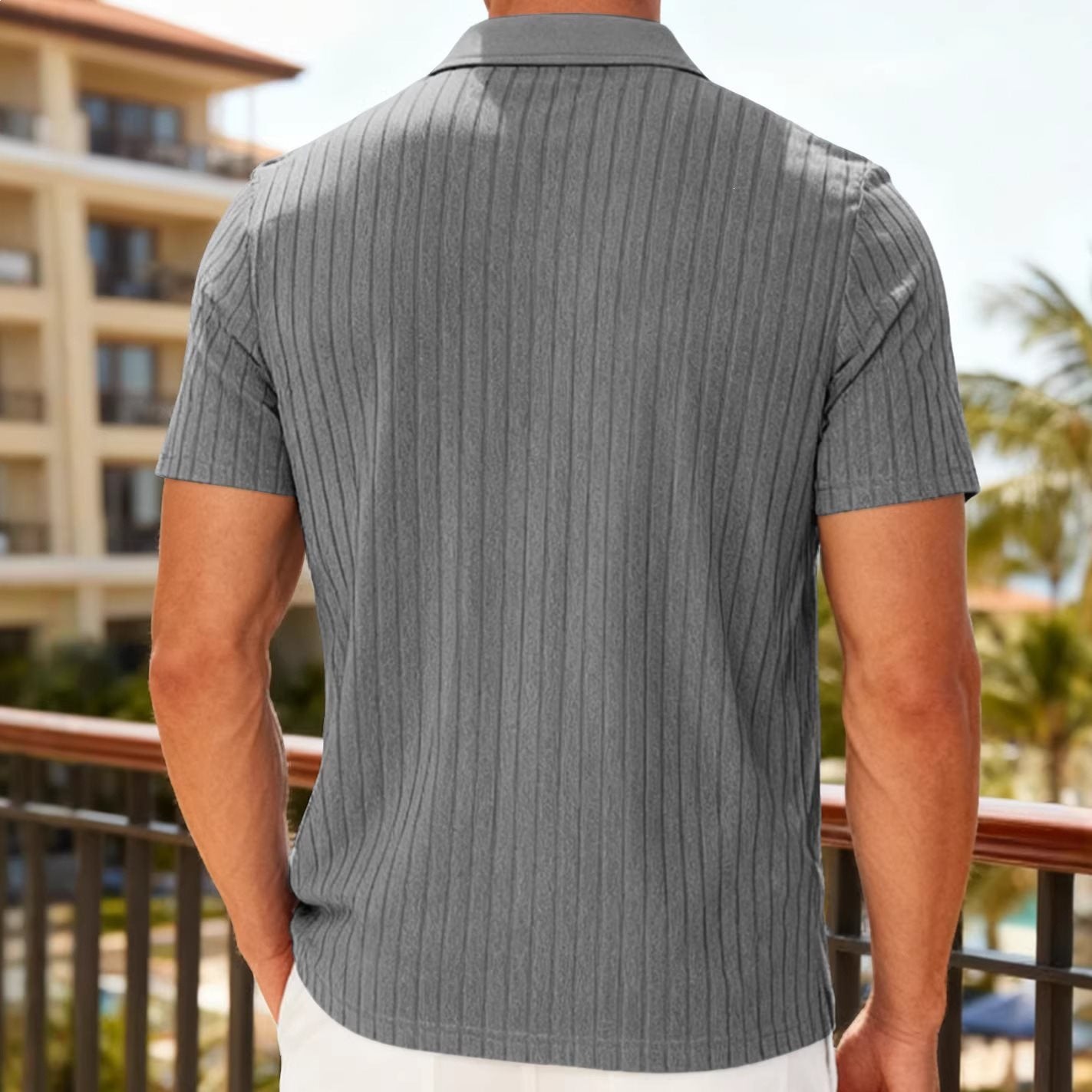 Casual Towel-Weave Jacquard Lapel Mens Striped Short-Sleeve Shirt