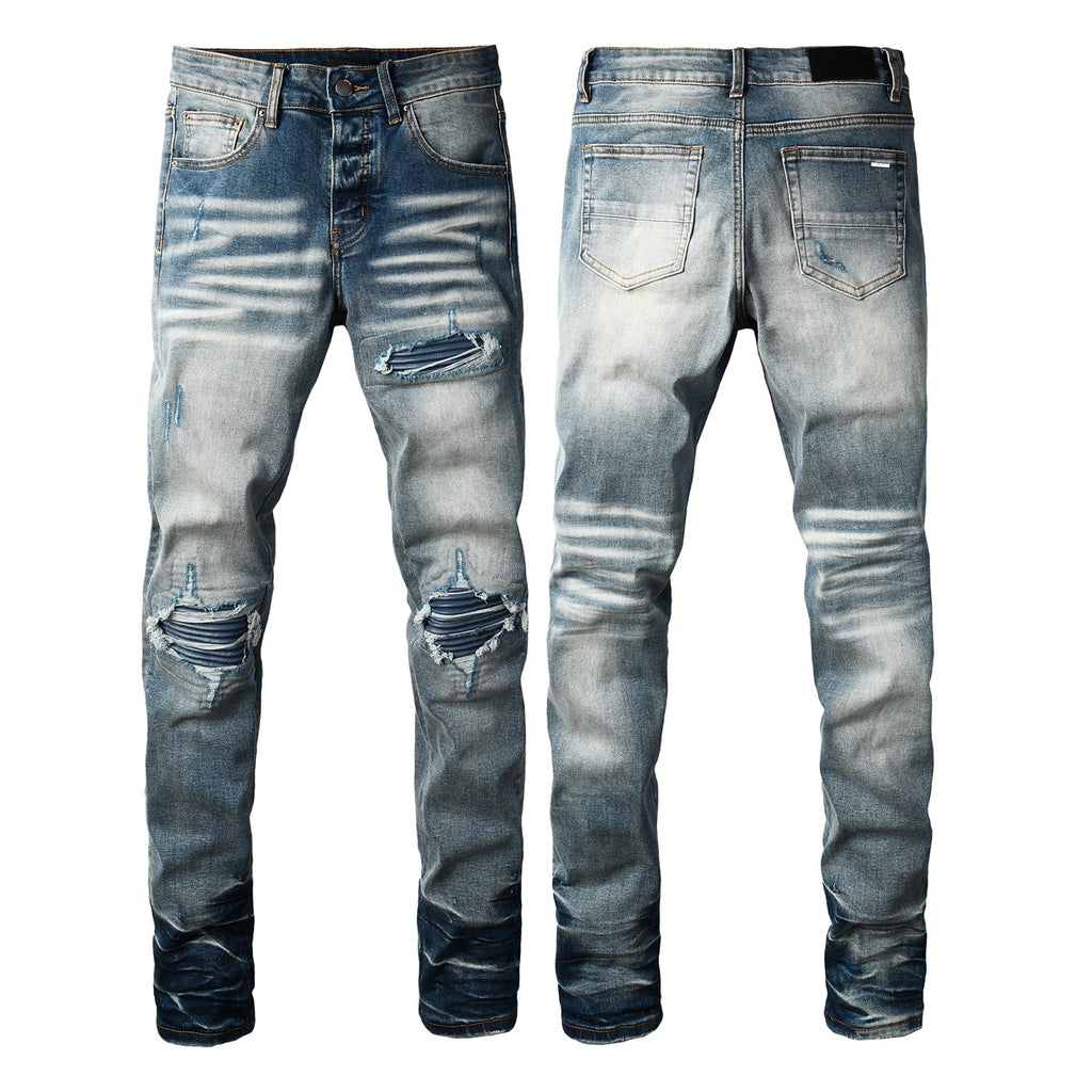 Mens Slim-Fit Denim Jeans With Ripped Patches