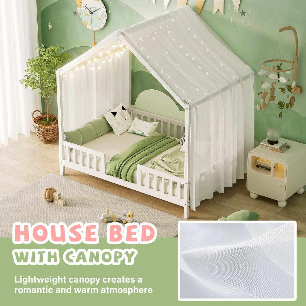 Montessori Floor Bed With Canopy, Full Bed Frame For Kids, House Shape Kids Bed Frame With High Railings, Wood Kids Bed With Roof, Kid Full Bed, White