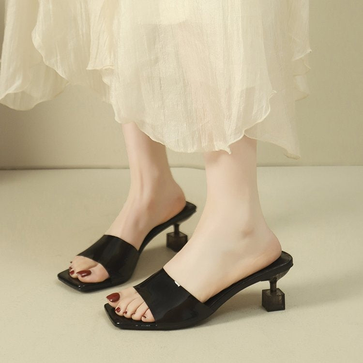 French Style Crystal Thin Heel Square Toe One-Strap Sandals For Women, New Transparent High Heel Slide Sandals Outdoor Wear