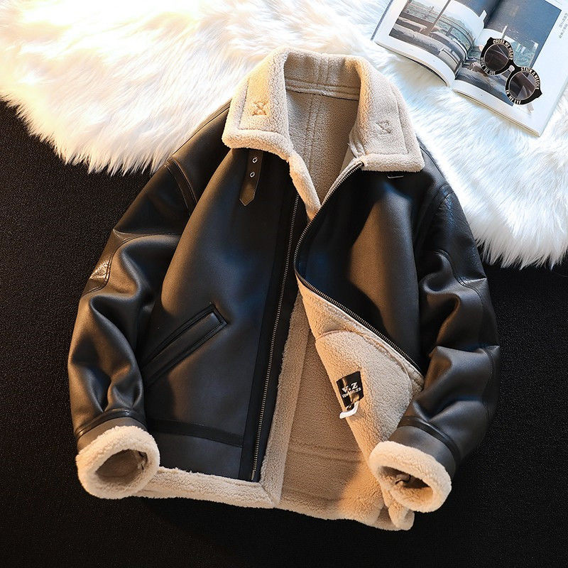 Men's Winter Fleece-Lined Thickened Kamela PU Leather Lamb Wool Integrated Cotton Jacket