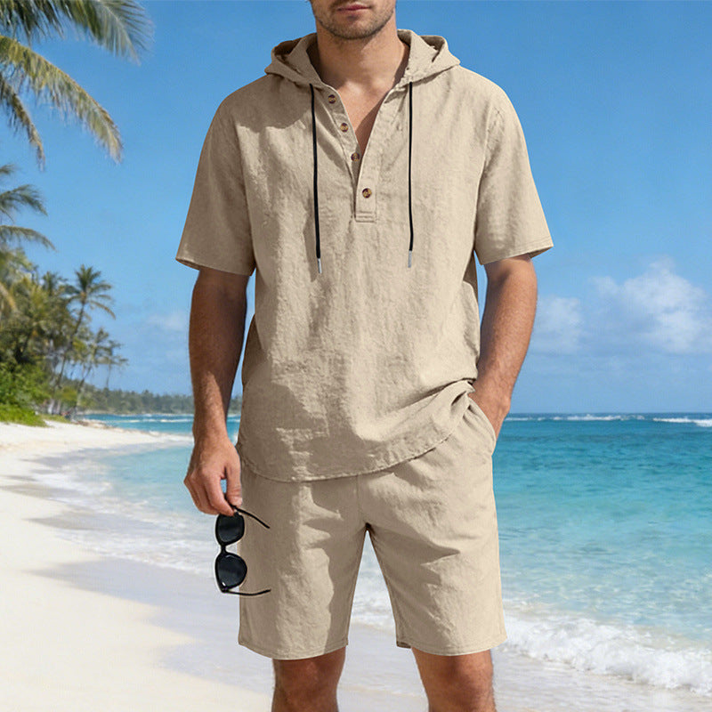 Men's Linen Hooded Casual Set - Loose Fit Breathable Two-Piece Outfit For Summer Daily Wear Holiday Outfit