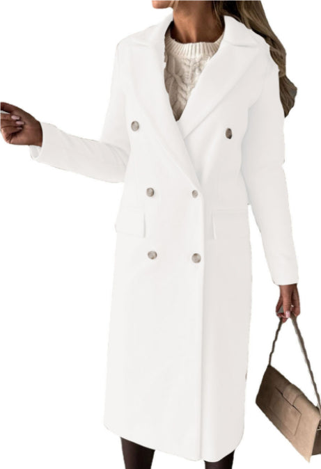 Women's Fashion Simple Double Breasted Long Sleeve Lapel Button Woolen Coat