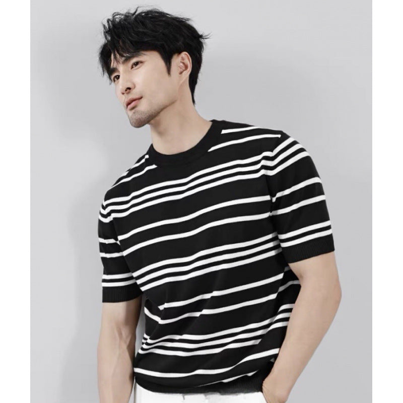 Knitted Ice Silk T-shirt Men's Short Sleeve Black And White Stripes