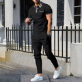 Men's Waffle Lapel Color Matching Pocket Short Sleeve Trousers Suit