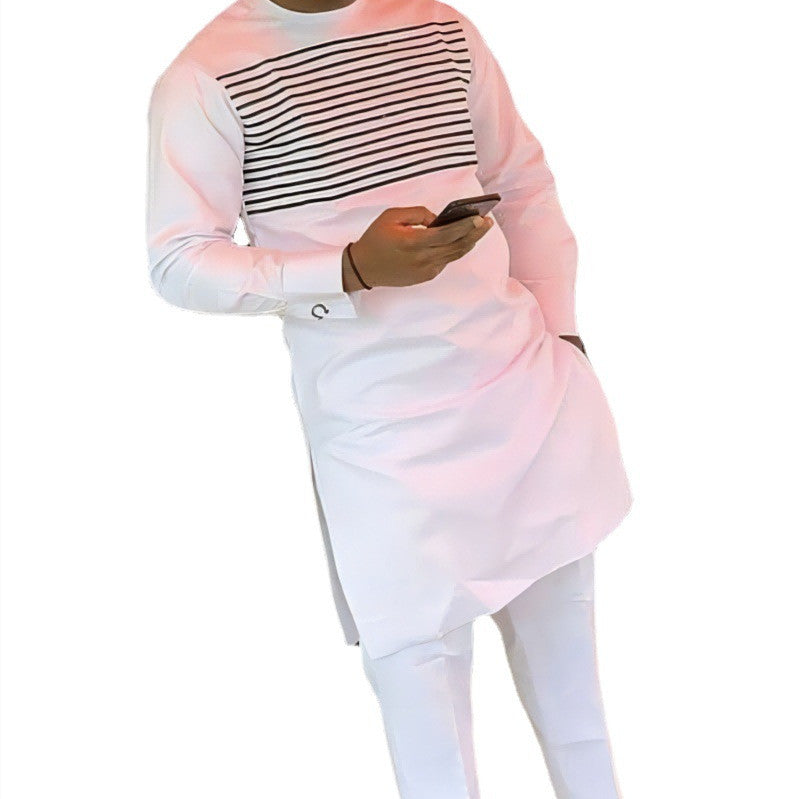 Men's Fashion Casual Embroidered Shirt Drawstring Pants Set