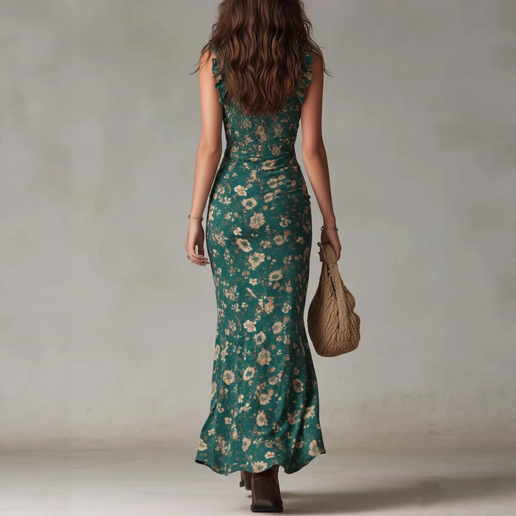 Retro Ruffle-Trimmed Sleeveless Slip Dress With High Side Slit