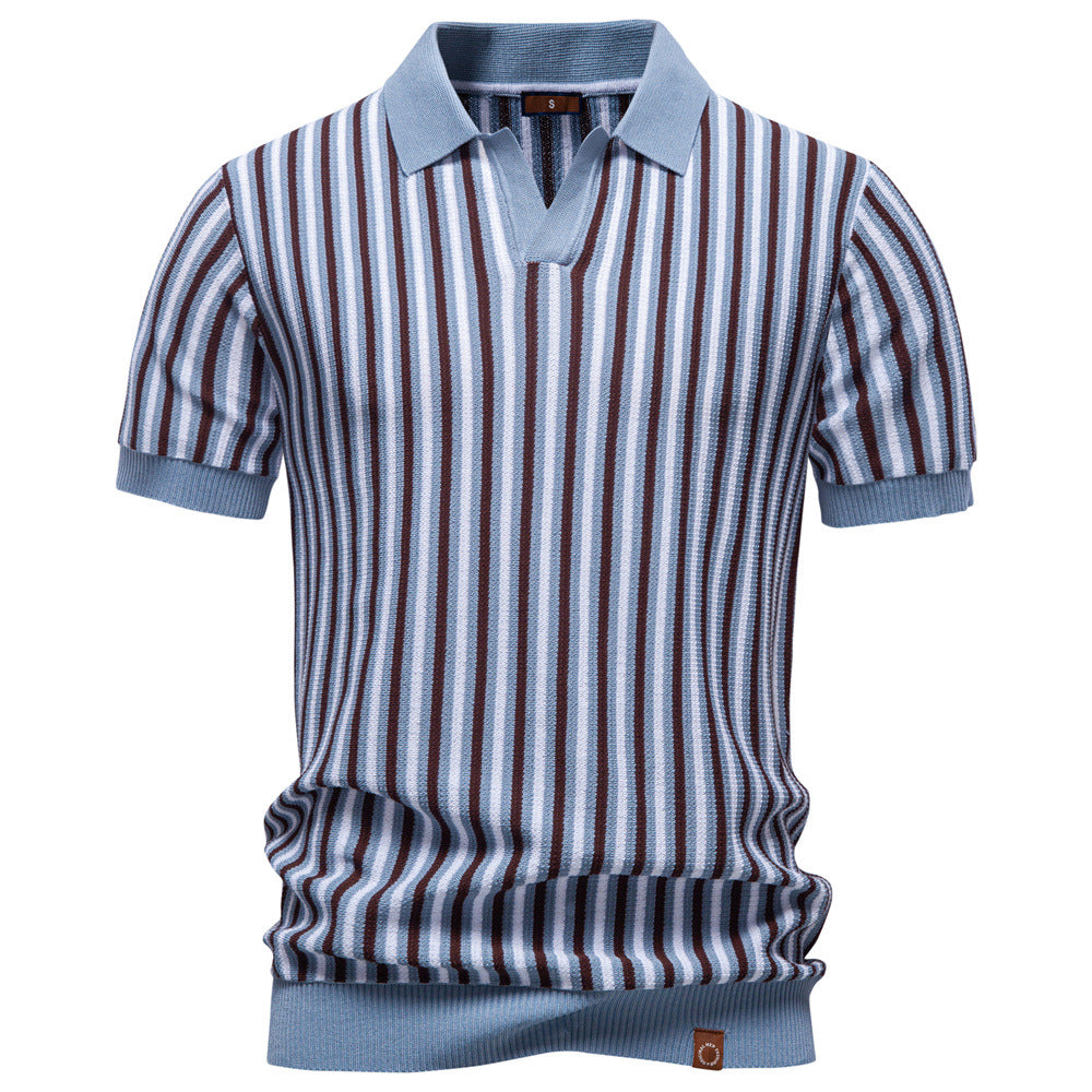 Summer New Lapel Collar Fashionable Striped Short-Sleeve Shirt