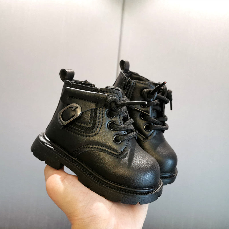 Winter Fleece-Lined Thickened Leather Ankle Boots For Kids