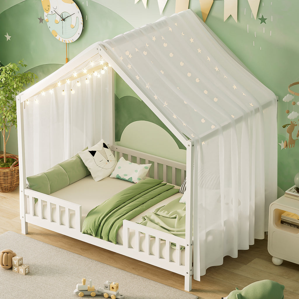 Montessori Floor Bed With Canopy, Full Bed Frame For Kids, House Shape Kids Bed Frame With High Railings, Wood Kids Bed With Roof, Kid Full Bed, White