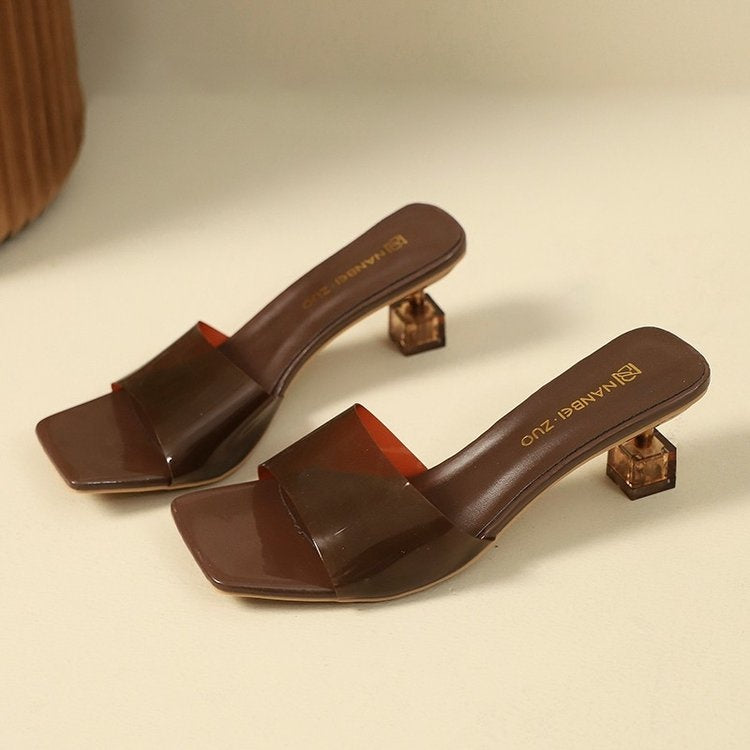 French Style Crystal Thin Heel Square Toe One-Strap Sandals For Women, New Transparent High Heel Slide Sandals Outdoor Wear