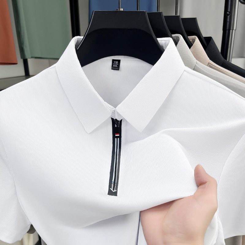 Men's Business-Casual Stretchy Summer Ice-Silk Short-Sleeve Half-Zip Polo Shirt
