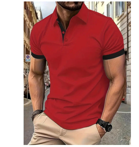 European And American Leisure Polo Shirt Chest Faux Pocket Lapel Button Business T-shirt Color Matching