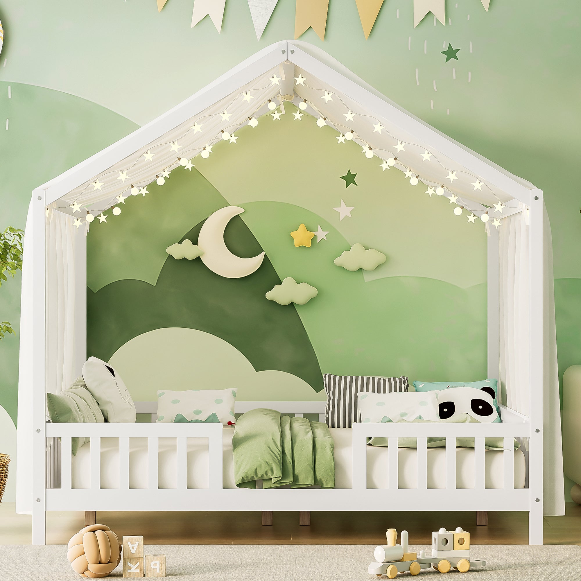 Montessori Floor Bed With Canopy, Full Bed Frame For Kids, House Shape Kids Bed Frame With High Railings, Wood Kids Bed With Roof, Kid Full Bed, White