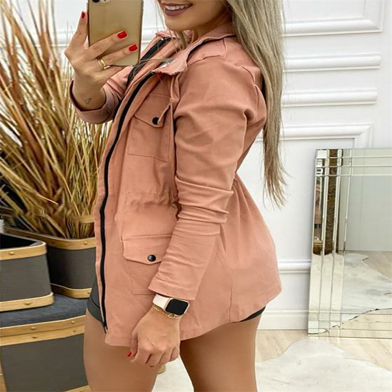 European And American Fashion Women's Wear Pink Leisure Cargo Waist Drawstring Coat