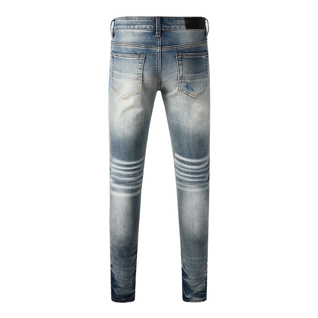 Mens Slim-Fit Denim Jeans With Ripped Patches