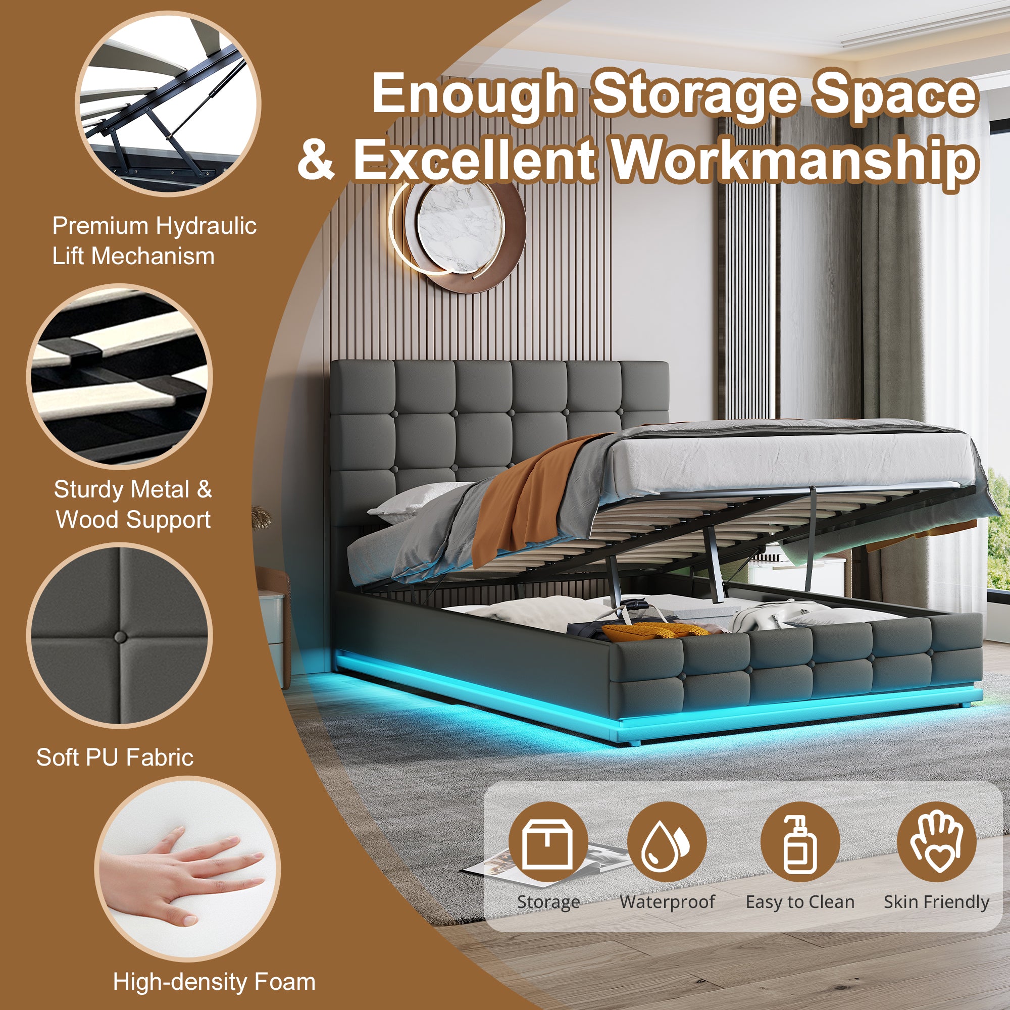 Ottoman Double Bed With LED Lighting, PU Leather Upholstered Bed With Hydraulic Storage, 4ft6 Double Bed Frame With Adjustable Button Tufted Headboard, No Box Spring Needed, Grey  No Mattress