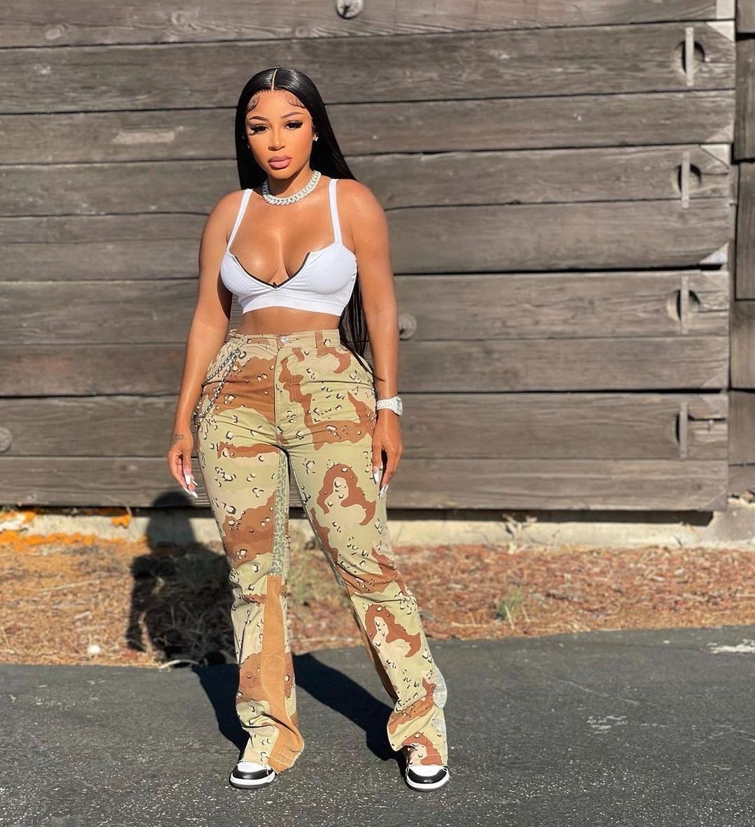 European And American Camo Stitching Flared Pants