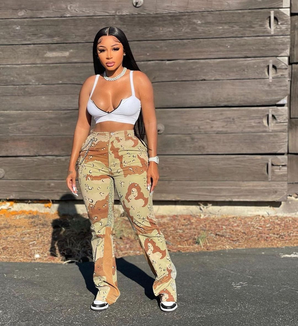 European And American Camo Stitching Flared Pants