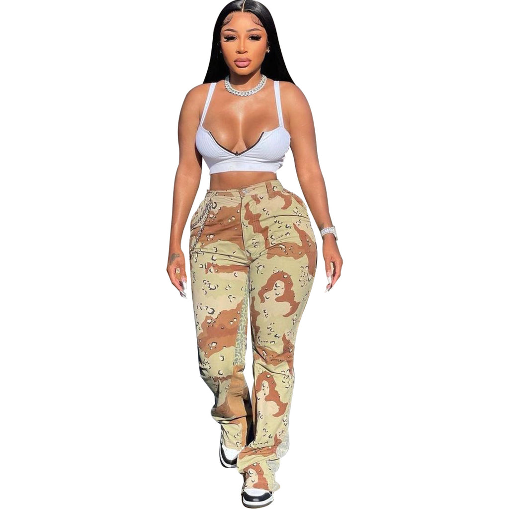 European And American Camo Stitching Flared Pants