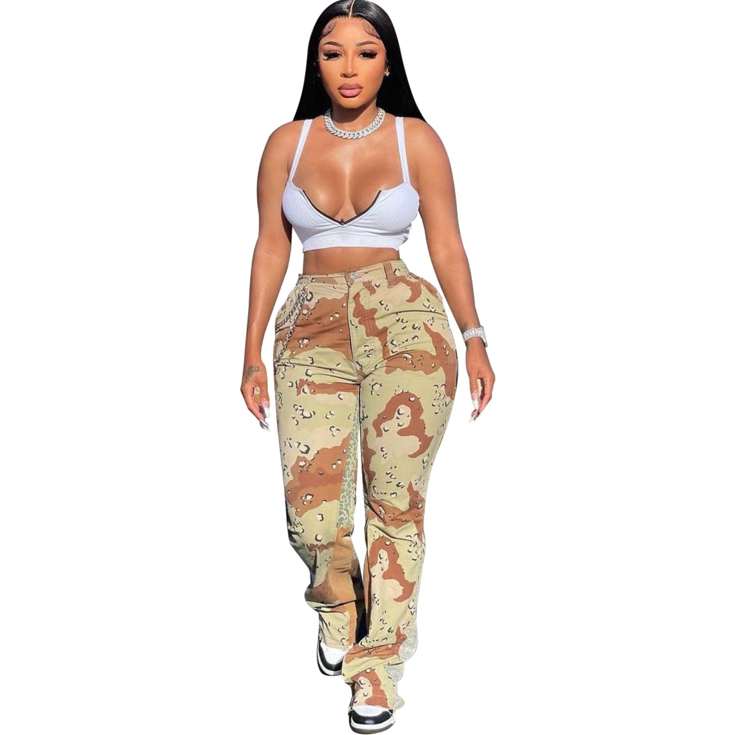 European And American Camo Stitching Flared Pants