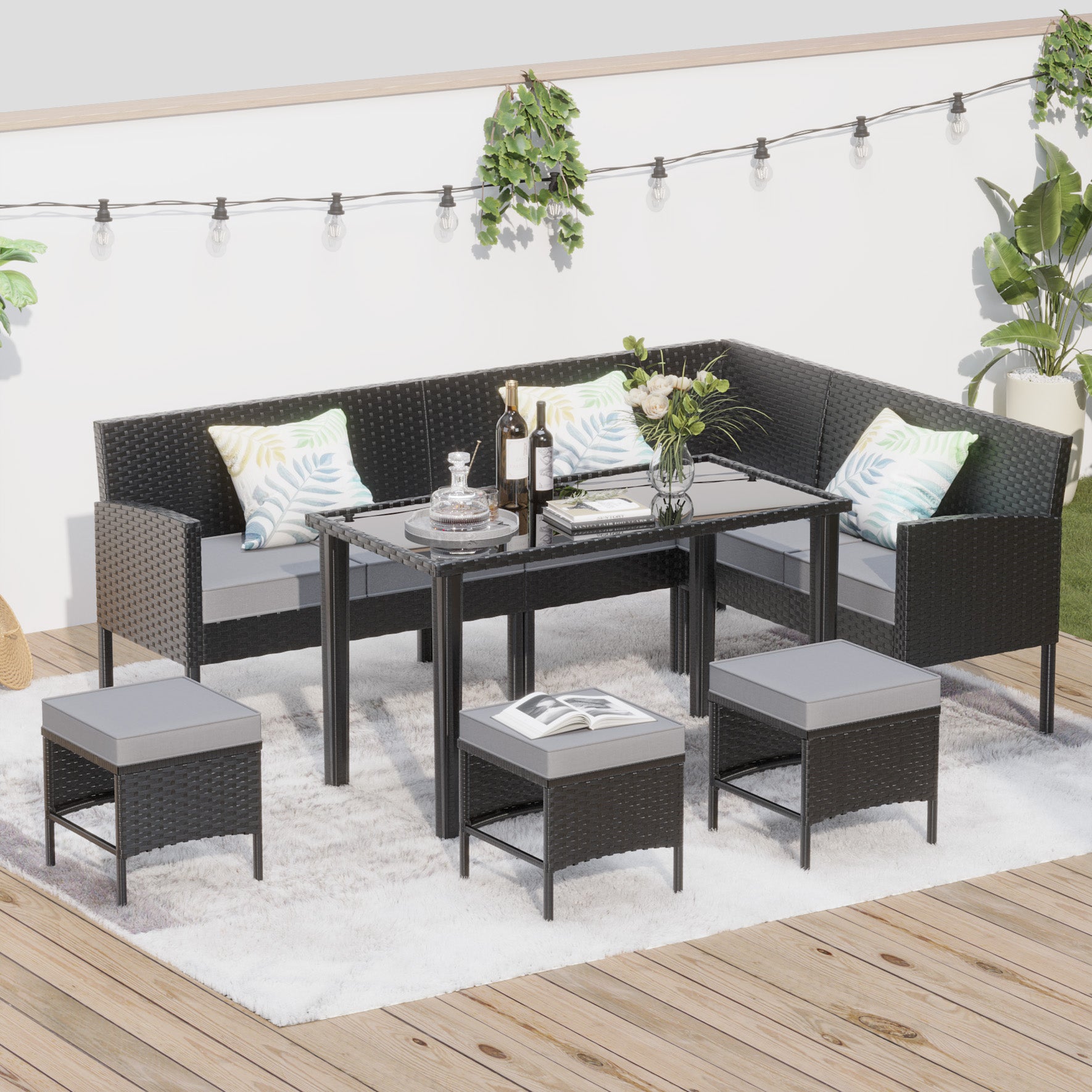 Small Space Patio Furniture 7-piece Outdoor Furniture Set, Backyard Furniture Set, Waterproof Seat Cushion, Glass Table, Space Saving, Suitable For Backyard, Terrace Or Garden,blue,grey