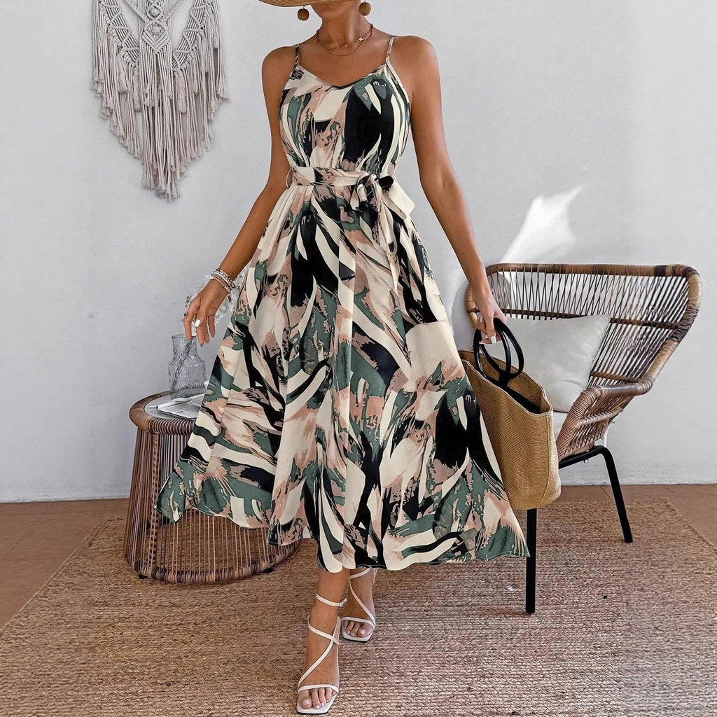 Women's Printed Lace-up Halterneck Sleeveless Dress