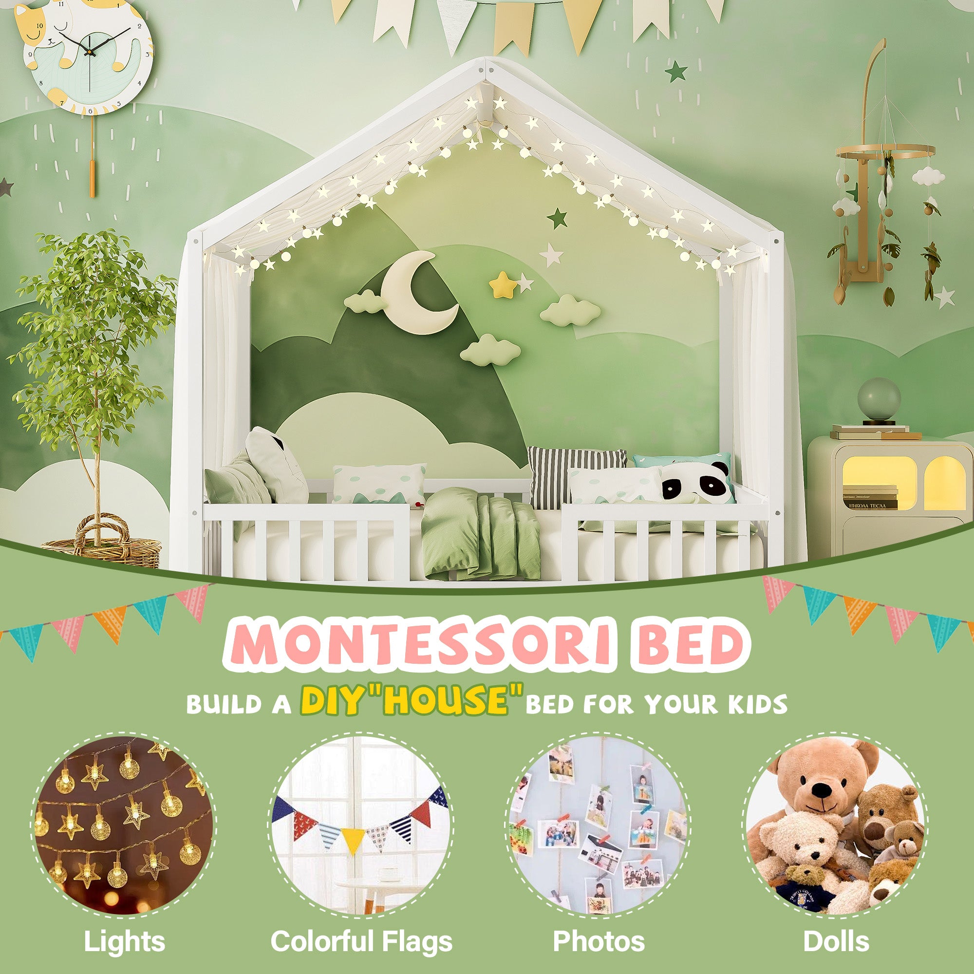 Montessori Floor Bed With Canopy, Full Bed Frame For Kids, House Shape Kids Bed Frame With High Railings, Wood Kids Bed With Roof, Kid Full Bed, White