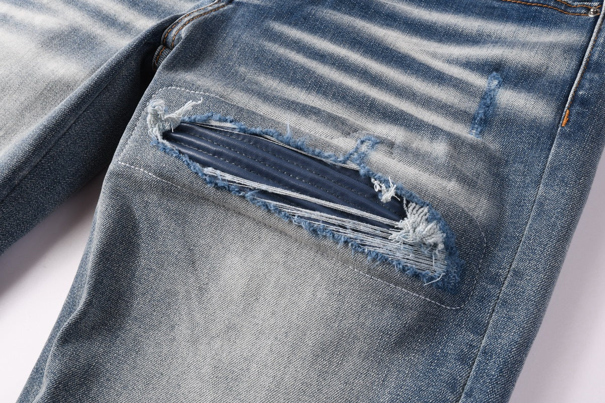 Mens Slim-Fit Denim Jeans With Ripped Patches