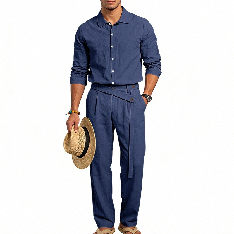 Turn-down Collar Shirt And Long-sleeve Pants Set